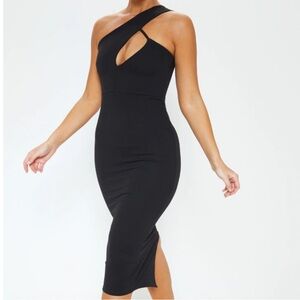 Prettylittlething Black One Shoulder Asymmetric Neck Midi Dress